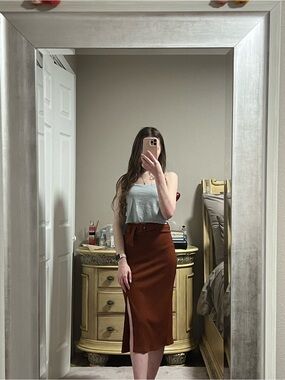 Elodie Rust Brown Midi Skirt with Side Slit and Belt